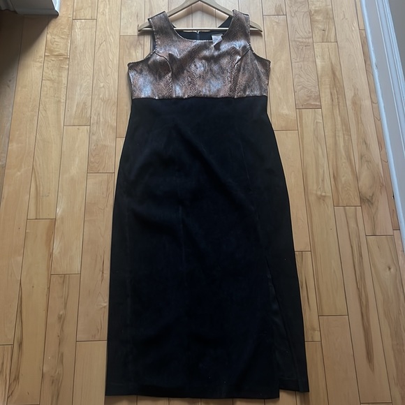 🌺2 for 50$🌺 Vintage 1980s Black Midi Dress with Faux Brown Snakeskin - Picture 1 of 13
